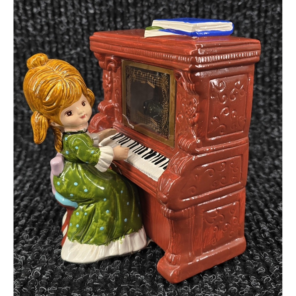 Vtg Music Box Girl at Player Piano Figurine Ceramic Plays Somewhere My Love